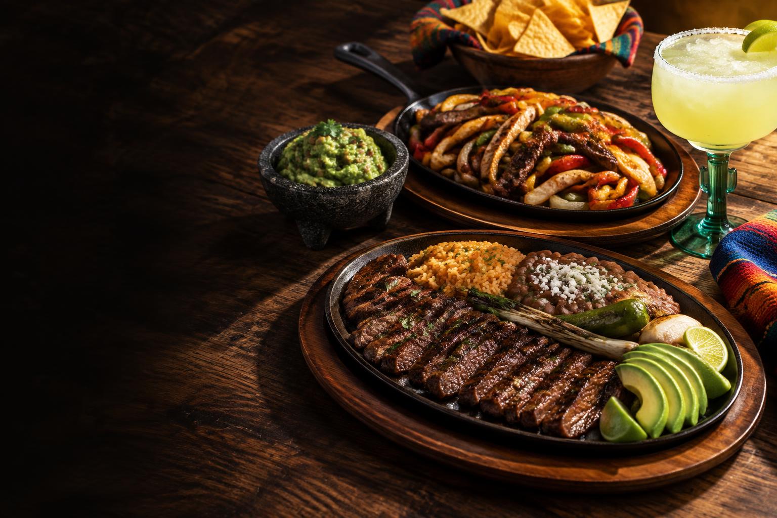 Illustrative spread of grilled steak, fajitas, guacamole and a margarita; not Maria Bonita restaurant photography
